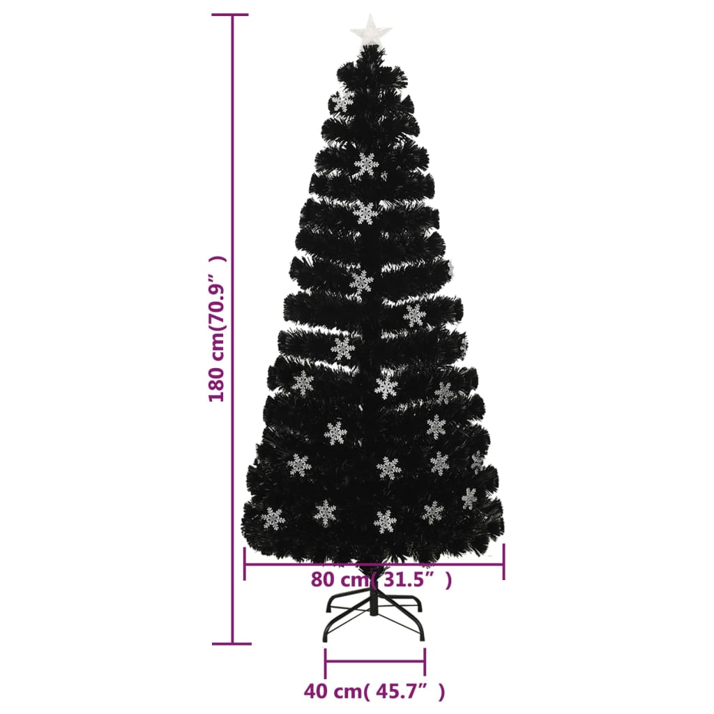 vidaXL Vánoční strom s LED vločkami černý 180 cm optické vlákno