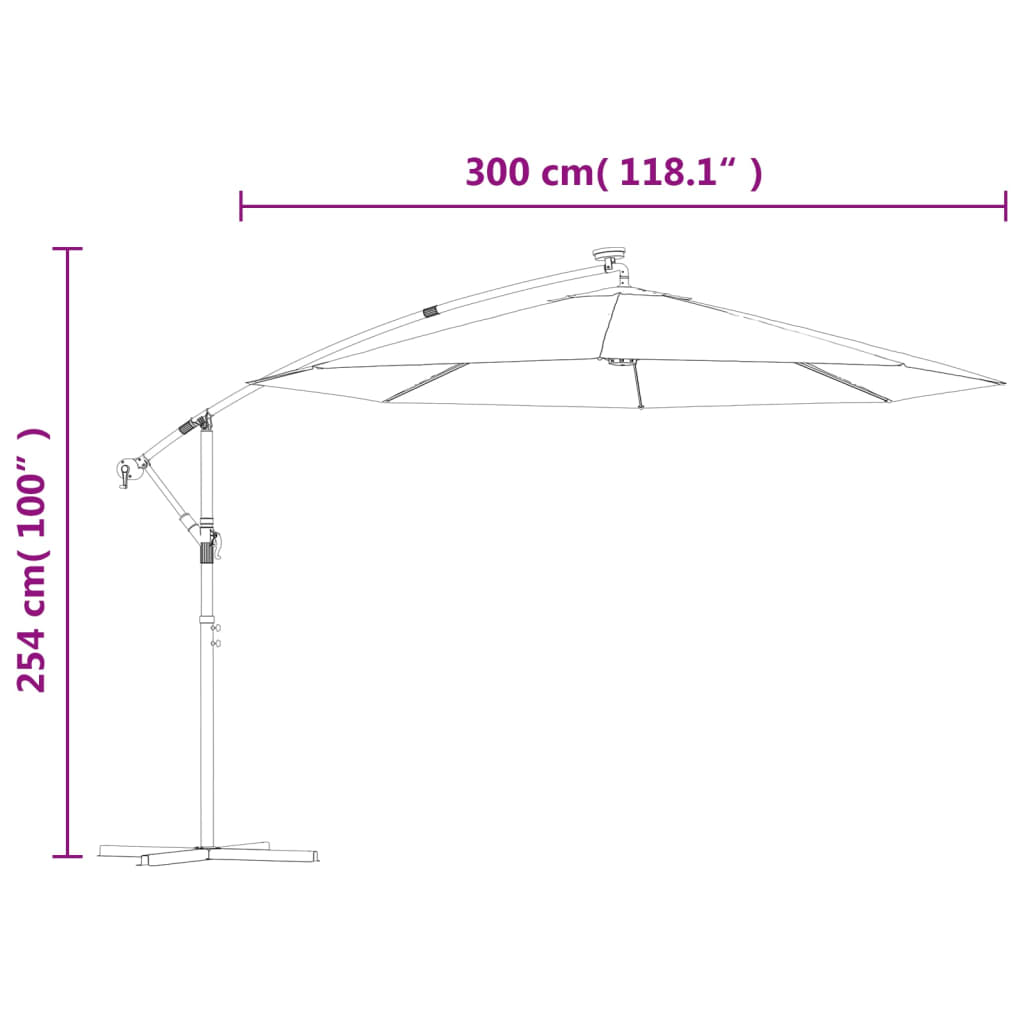 vidaXL Závěsný slunečník s kovovou tyčí a LED světlem pískový 300 cm
