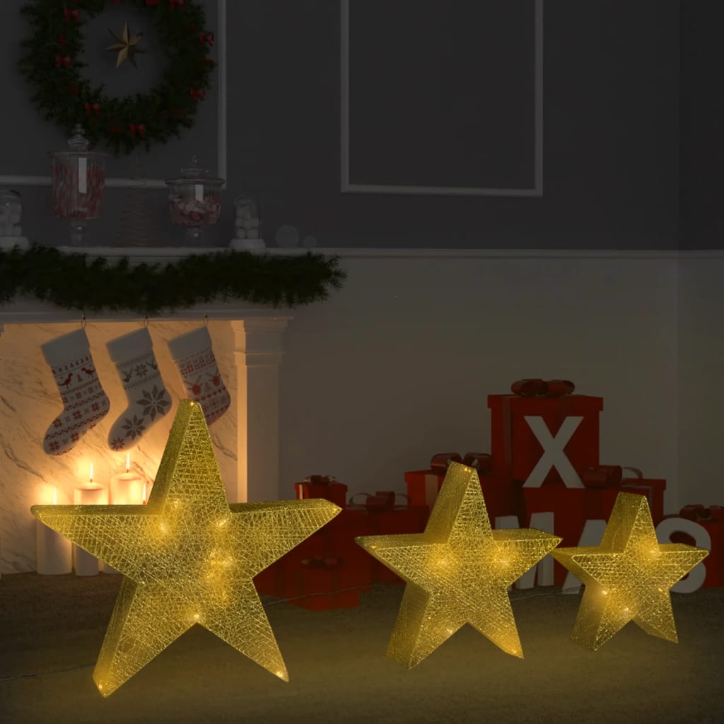 vidaXL Vánoční LED hvězdy 3 ks zlatá síťovina dovnitř i ven