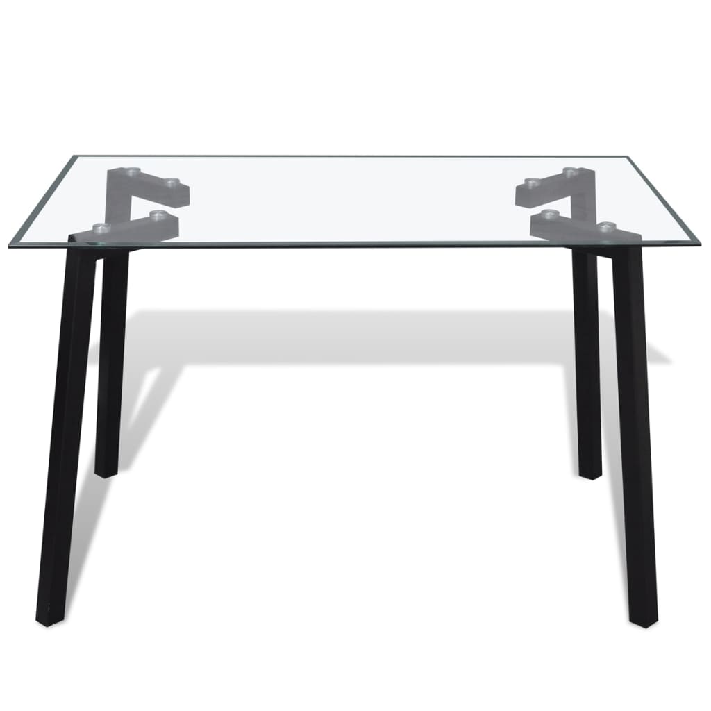 Jídelní stůl s průhlednou skleněnou deskou a ocelovými nohami