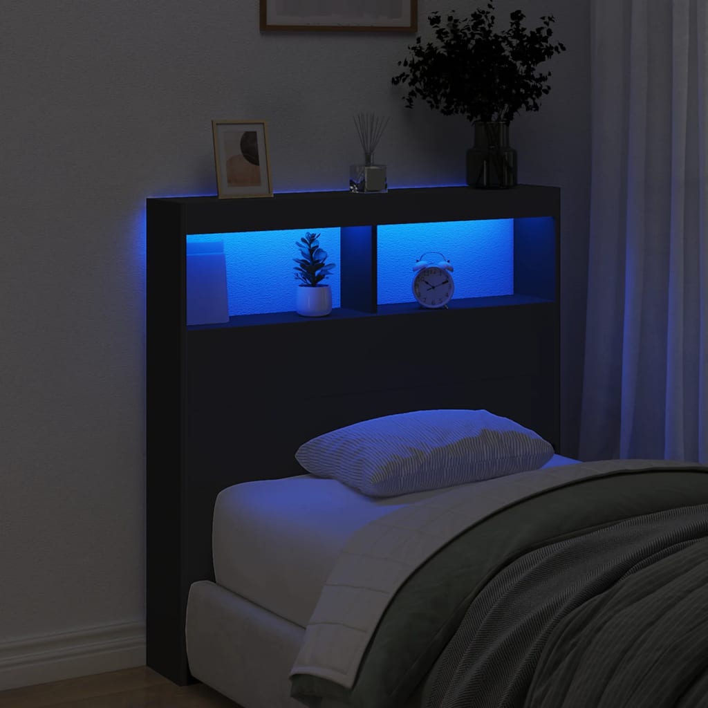 vidaXL Čelo postele s úložným prostorem a LED černé 100 x 17 x 102 cm