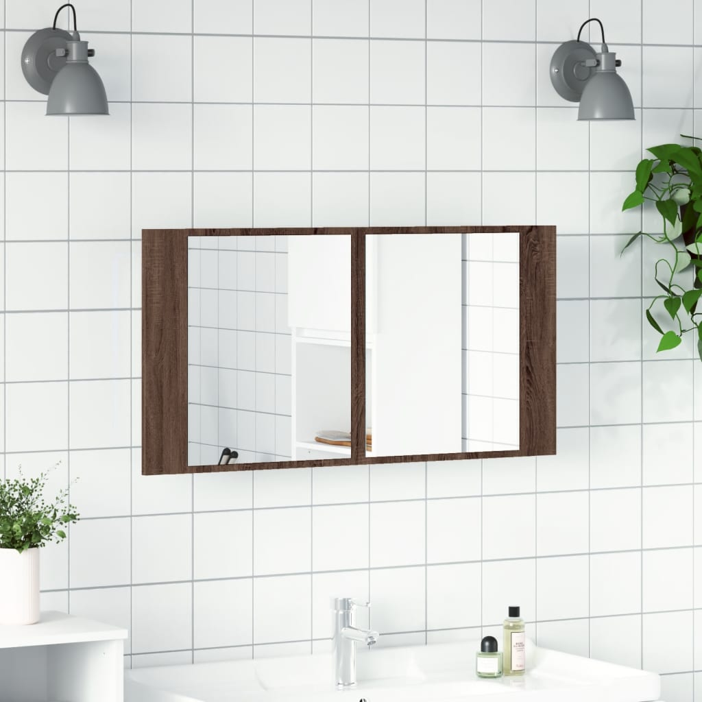 vidaXL LED koupelnová skříňka se zrcadlem hnědý dub 90x12x45 cm akryl