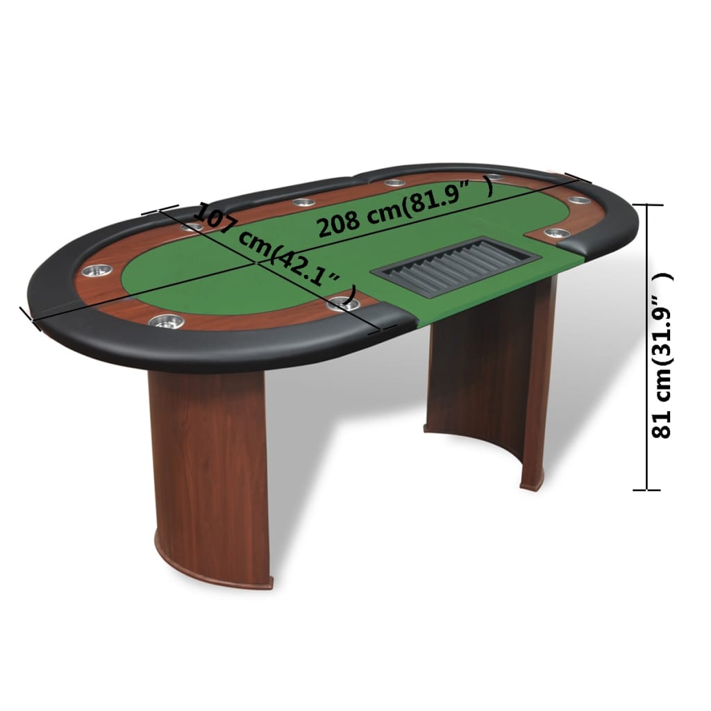 Pokerový stůl pro 10 hráčů, zóna pro dealera + držák na žetony, zelený