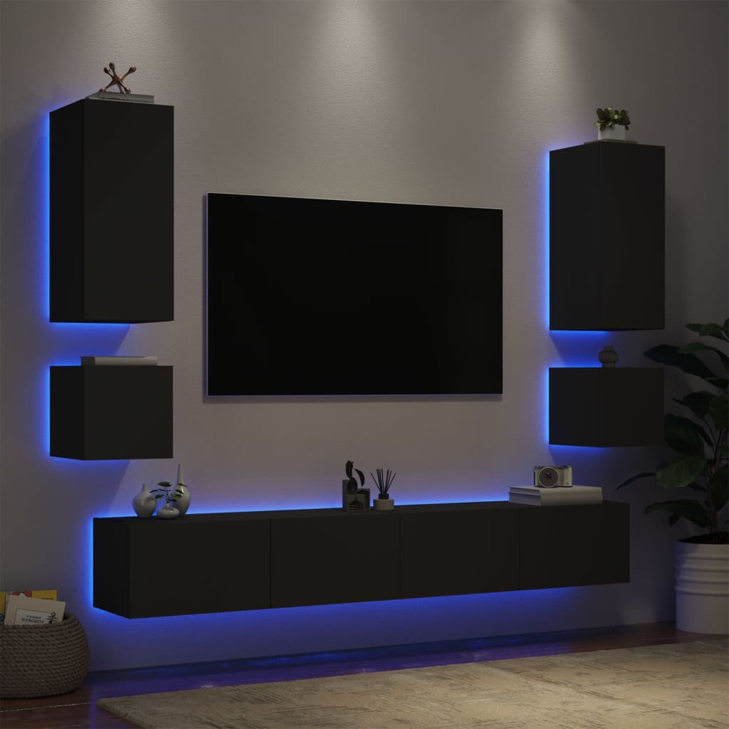 vidaXL 6dílná obývací stěna s LED osvětlením černá