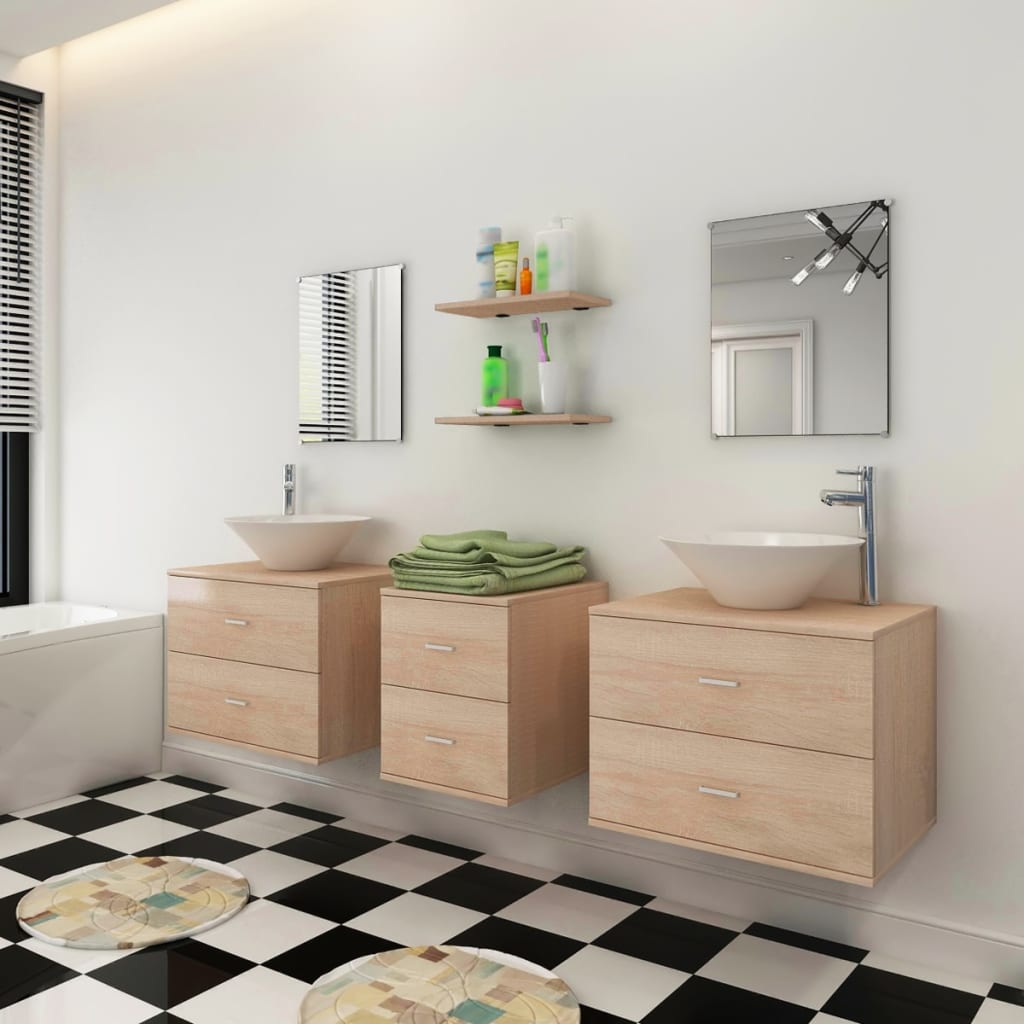 vidaXL Devítikusový set koupelnového nábytku s umyvadlem a baterií, béžový