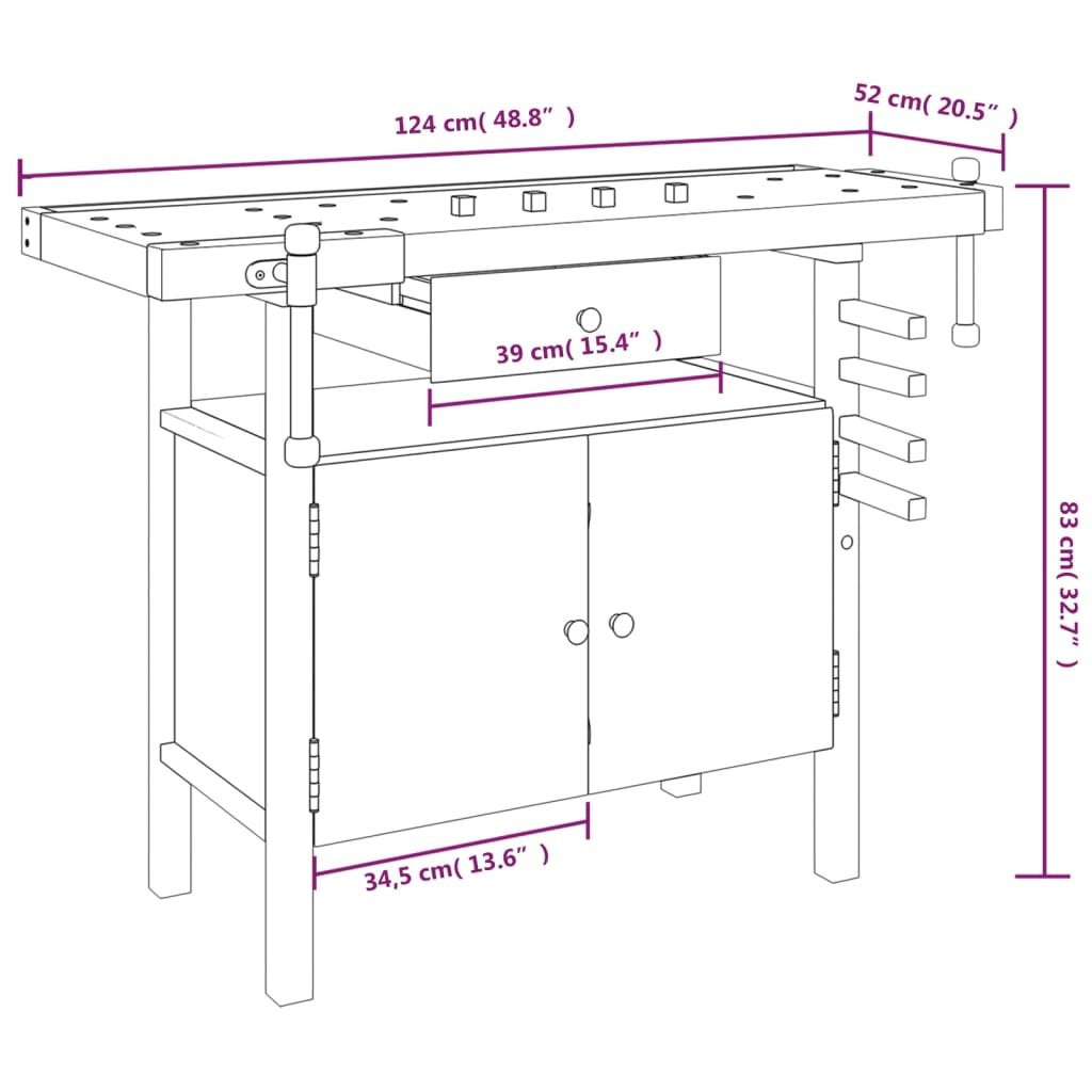 vidaXL Pracovní stůl se zásuvkou a svěráky 124x52x83 cm masivní akácie