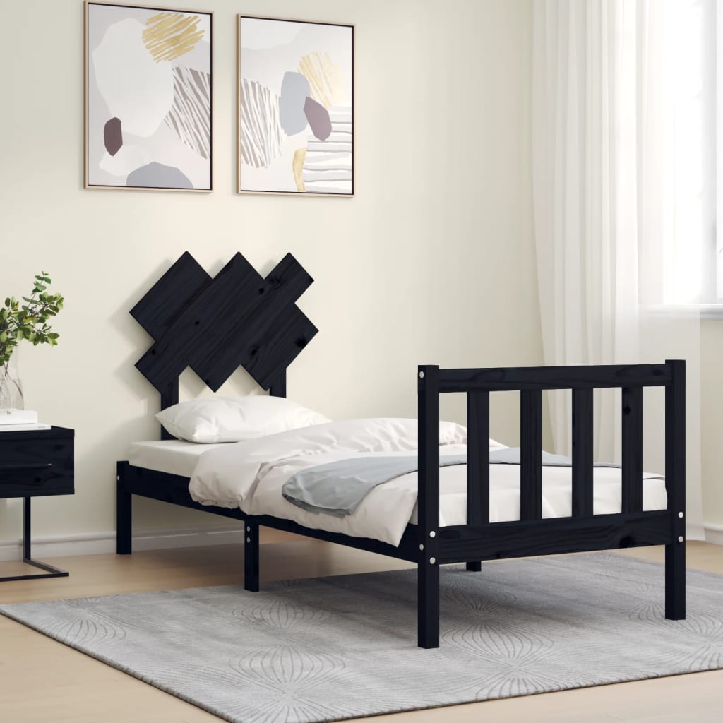 vidaXL Rám postele s čelem černý Small Single masivní dřevo