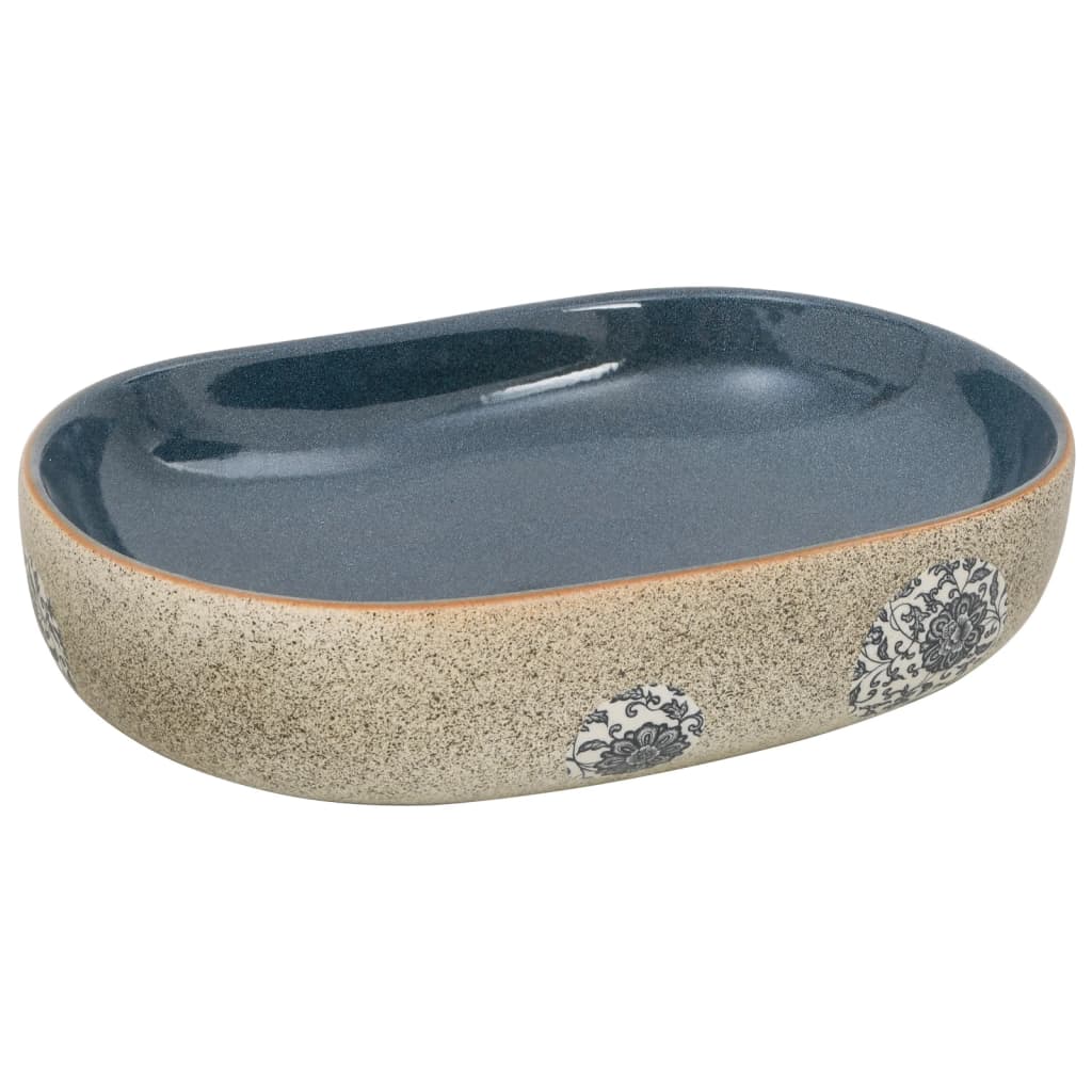 vidaXL Umyvadlo na desku pískové a modré oválné 59x40x14 cm keramika