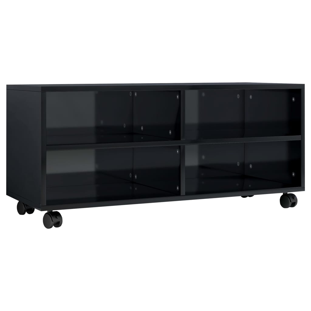 vidaXL TV stolek s kolečky černý vysoký lesk 90x35x35 cm dřevotříska