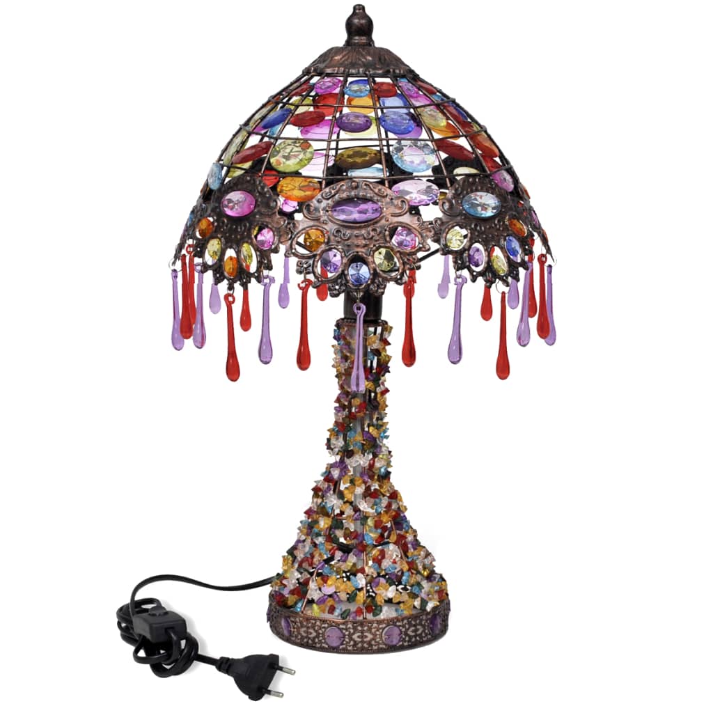 Pestrobarevná stolní lampa s křišťálovými ověsky
