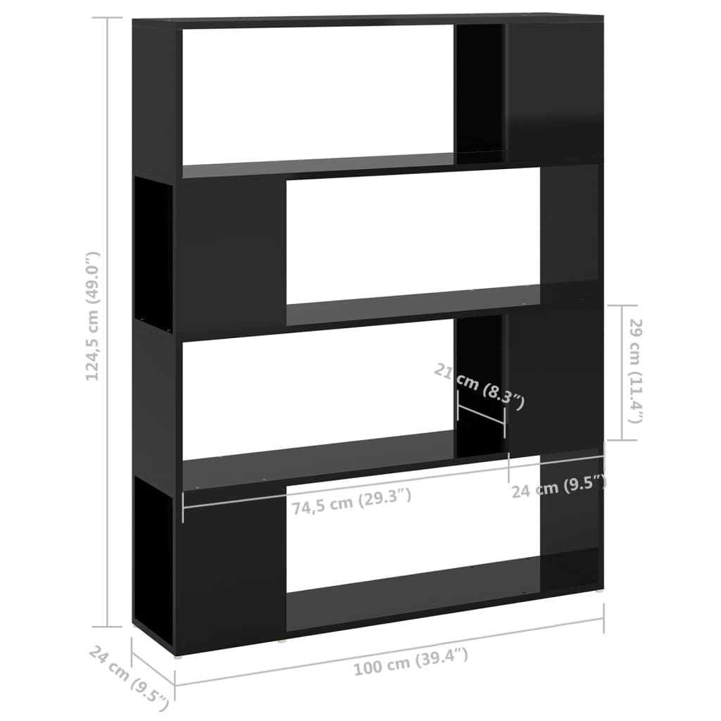 vidaXL Knihovna / dělicí stěna černá vysoký lesk 100 x 24 x 124 cm