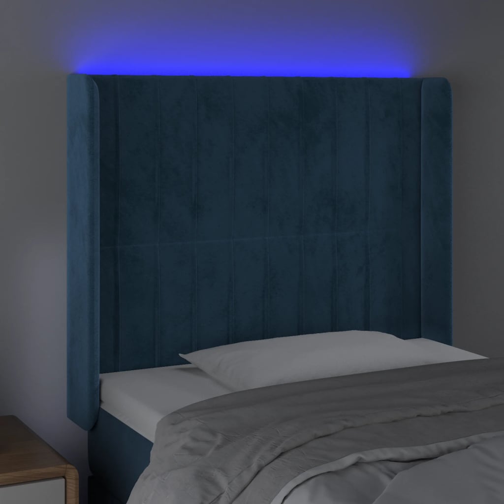 vidaXL Čelo postele s LED tmavě modré 93 x 16 x 118/128 cm samet