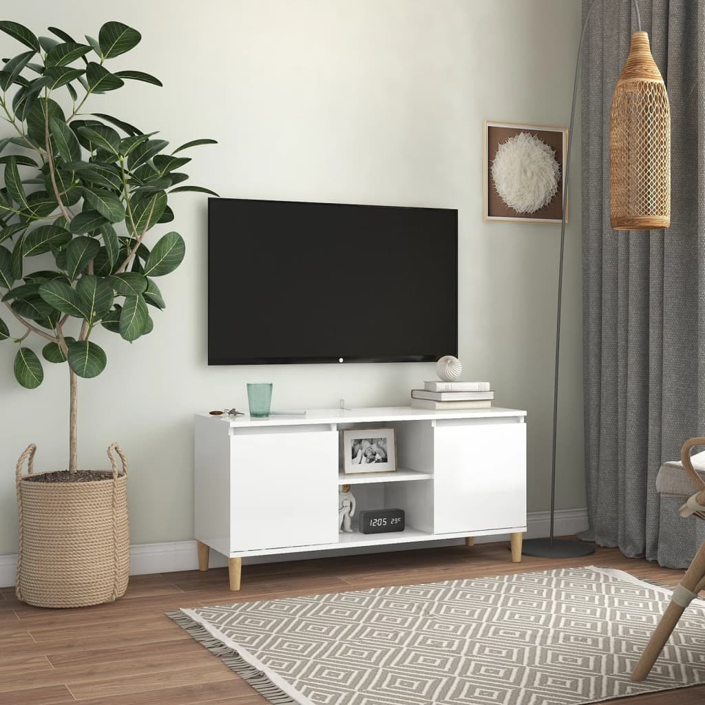 vidaXL TV skříňka nohy z masivního dřeva bílá lesklá 103,5x35x50 cm