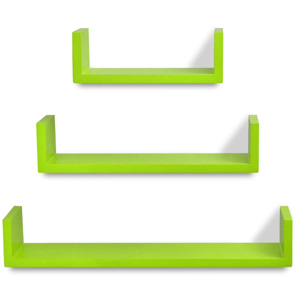 3 zelené nástěnné plovoucí MDF police ve tvaru U na knihy a DVD