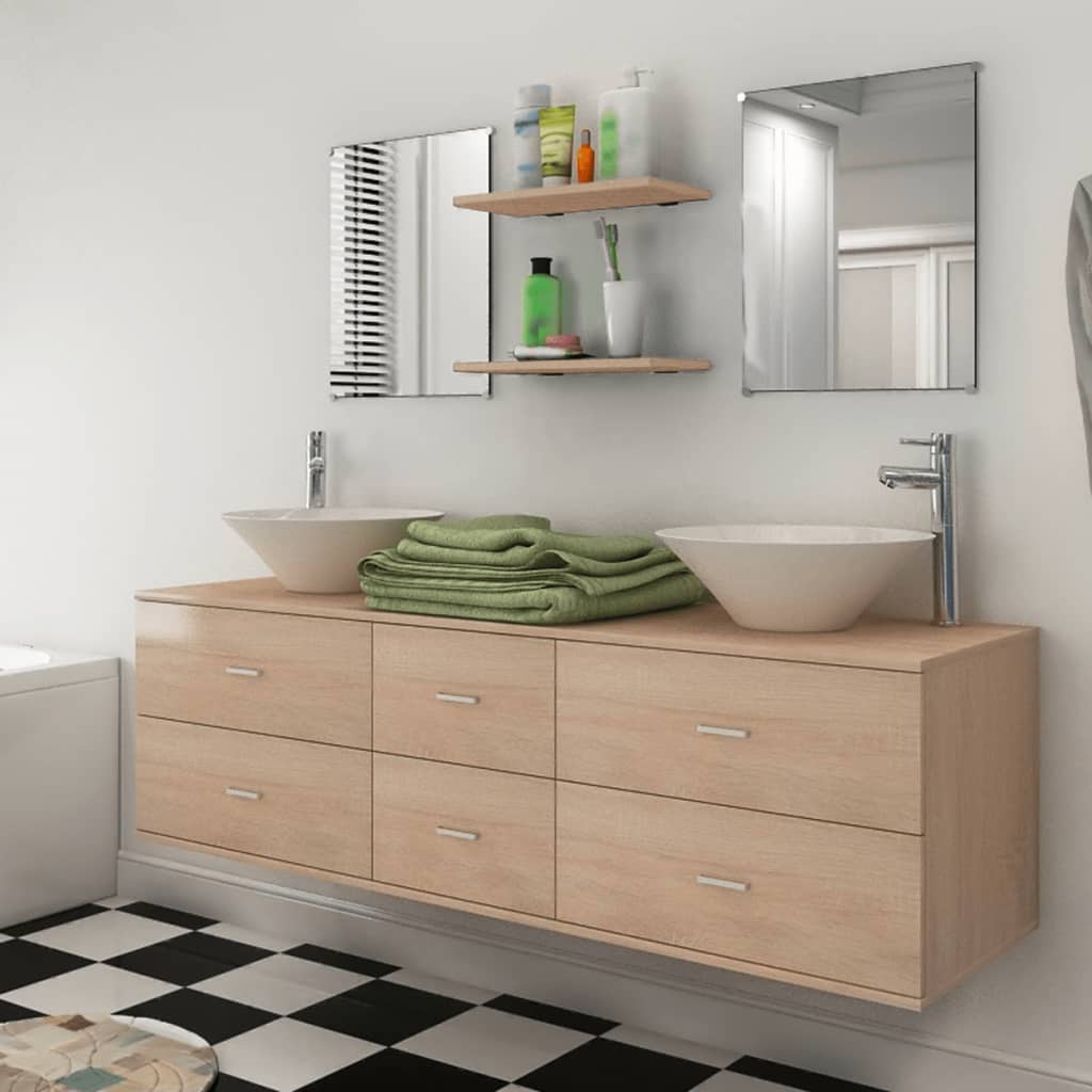 vidaXL Devítikusový set koupelnového nábytku s umyvadlem a baterií, béžový