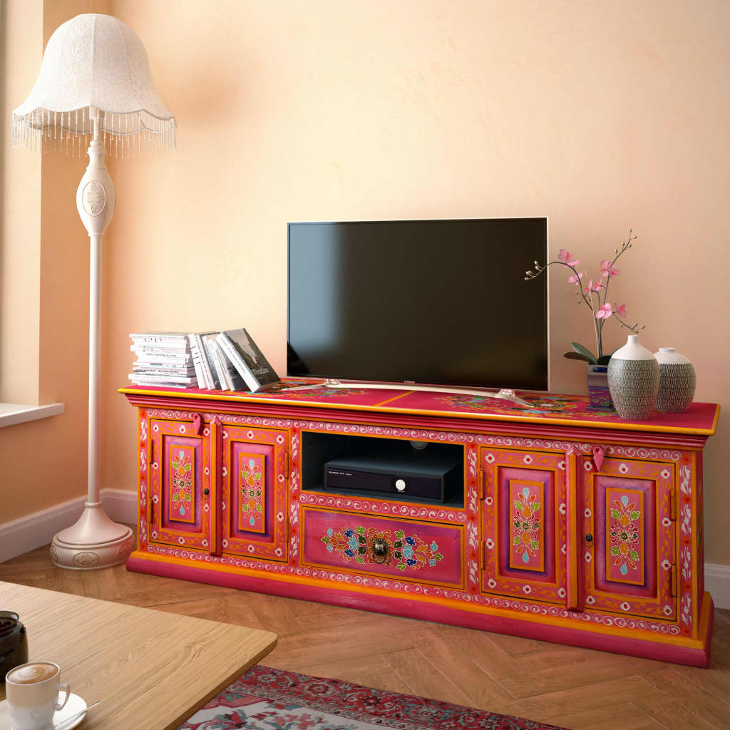 vidaXL Stolek pod TV, masivní mangovník, ručně malovaný, růžový