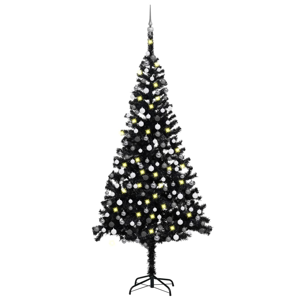 vidaXL Umělý vánoční stromek s LED a sadou koulí černý 240 cm PVC