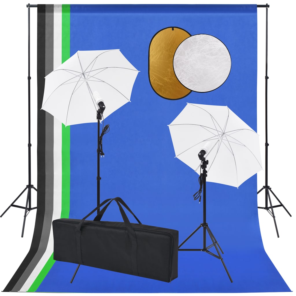 vidaXL Foto studio set se světly, deštníky, pozadím a odraznou deskou