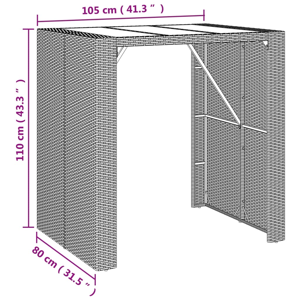 vidaXL Barový stůl se skleněnou deskou šedý 105x80x110 cm polyratan