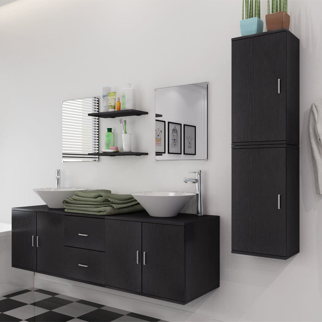 vidaXL 9dílný set koupelnového nábytku s umyvadly černý