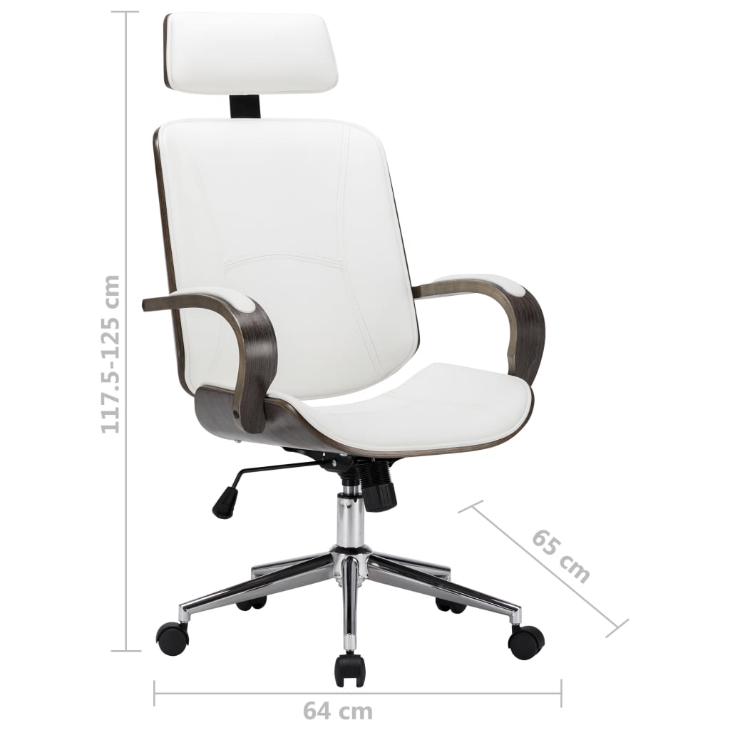 Otočná kancelářská židle s opěrkou hlavy bílá umělá kůže ohýbané dřevo