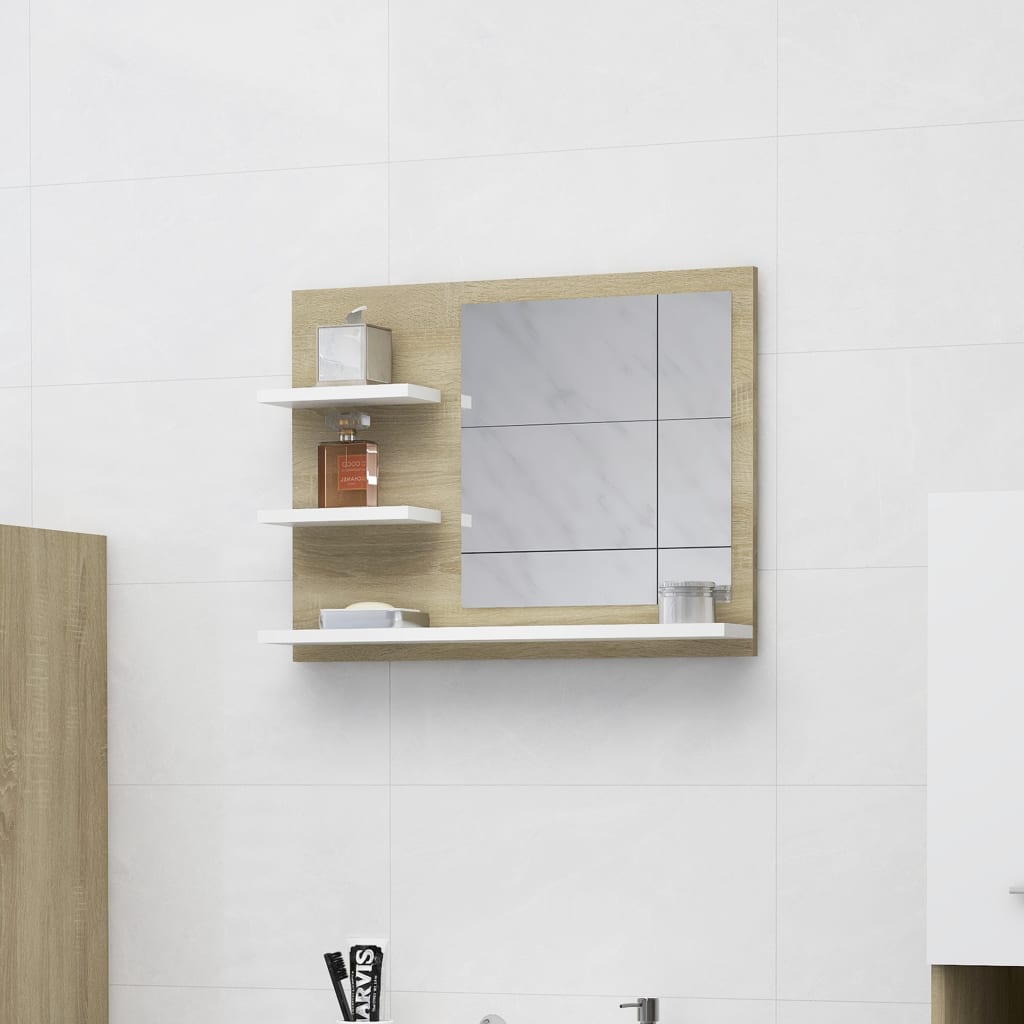 vidaXL Koupelnové zrcadlo bílé a dub sonoma 60x10,5x45 cm dřevotříska