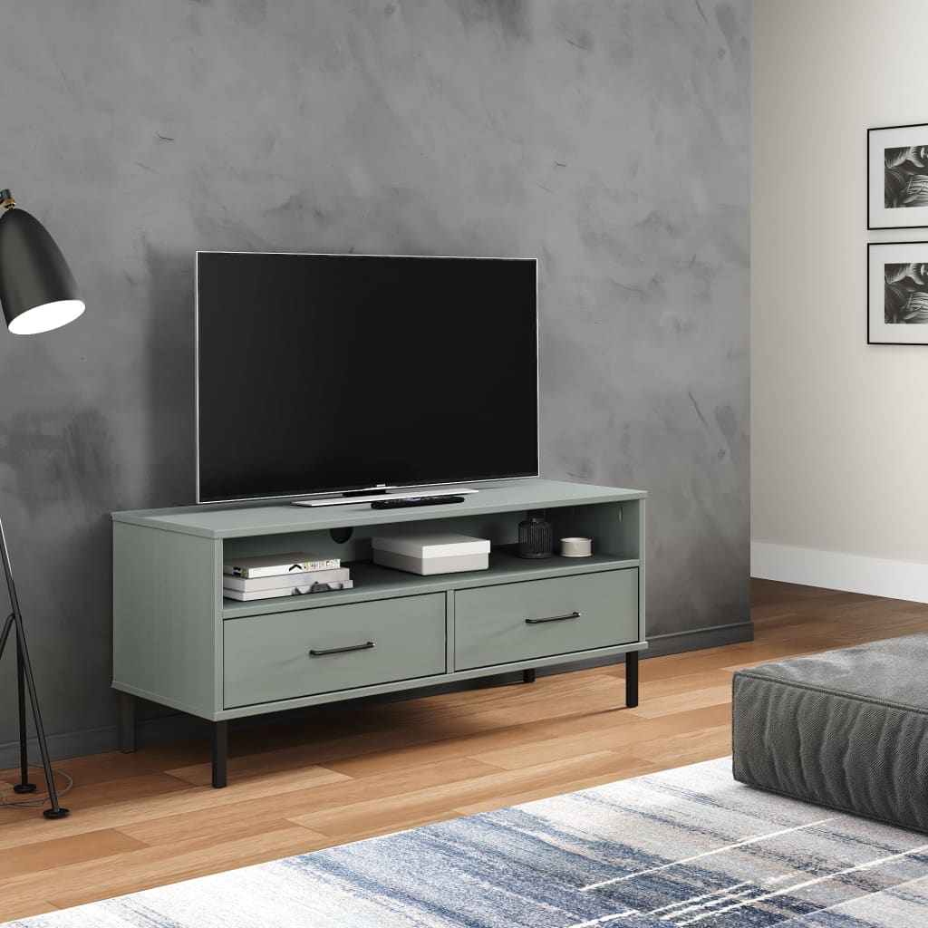 vidaXL TV skříňka s kovovými nohami šedá masivní borové dřevo OSLO