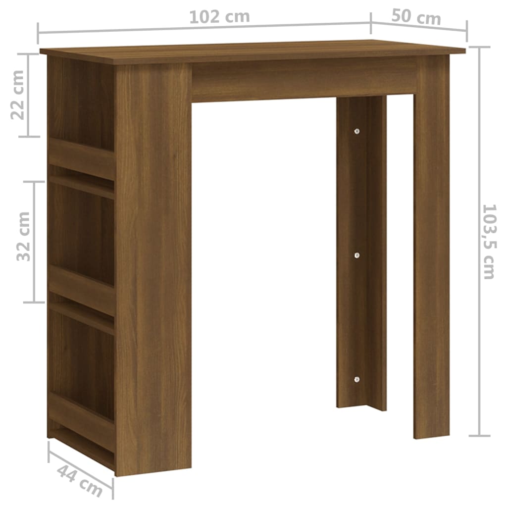 vidaXL Barový stůl s úložným regálem hnědý dub 102 x 50 x 103,5 cm