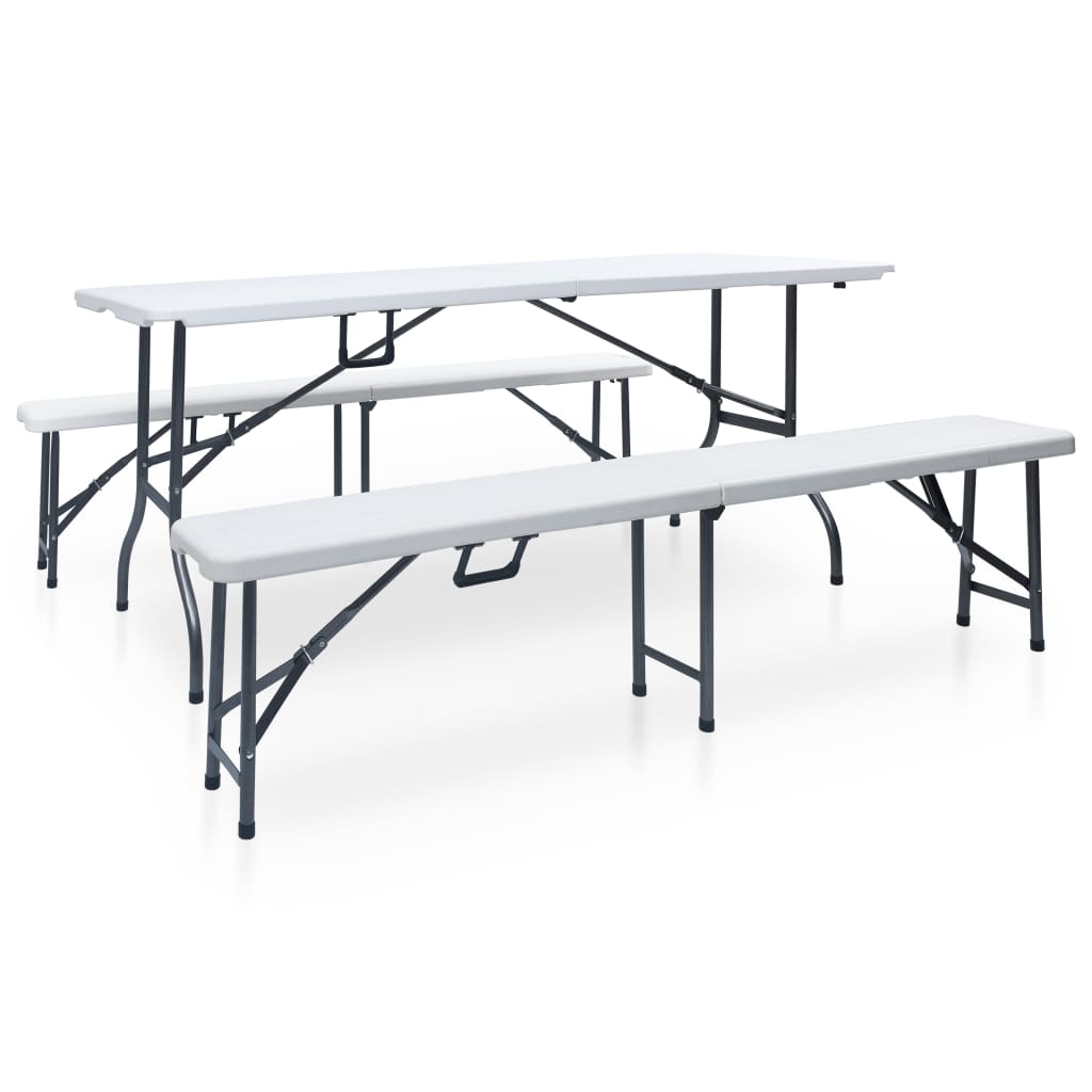 vidaXL Skládací zahradní stůl se 2 lavicemi 180 cm ocel a HDPE bílý