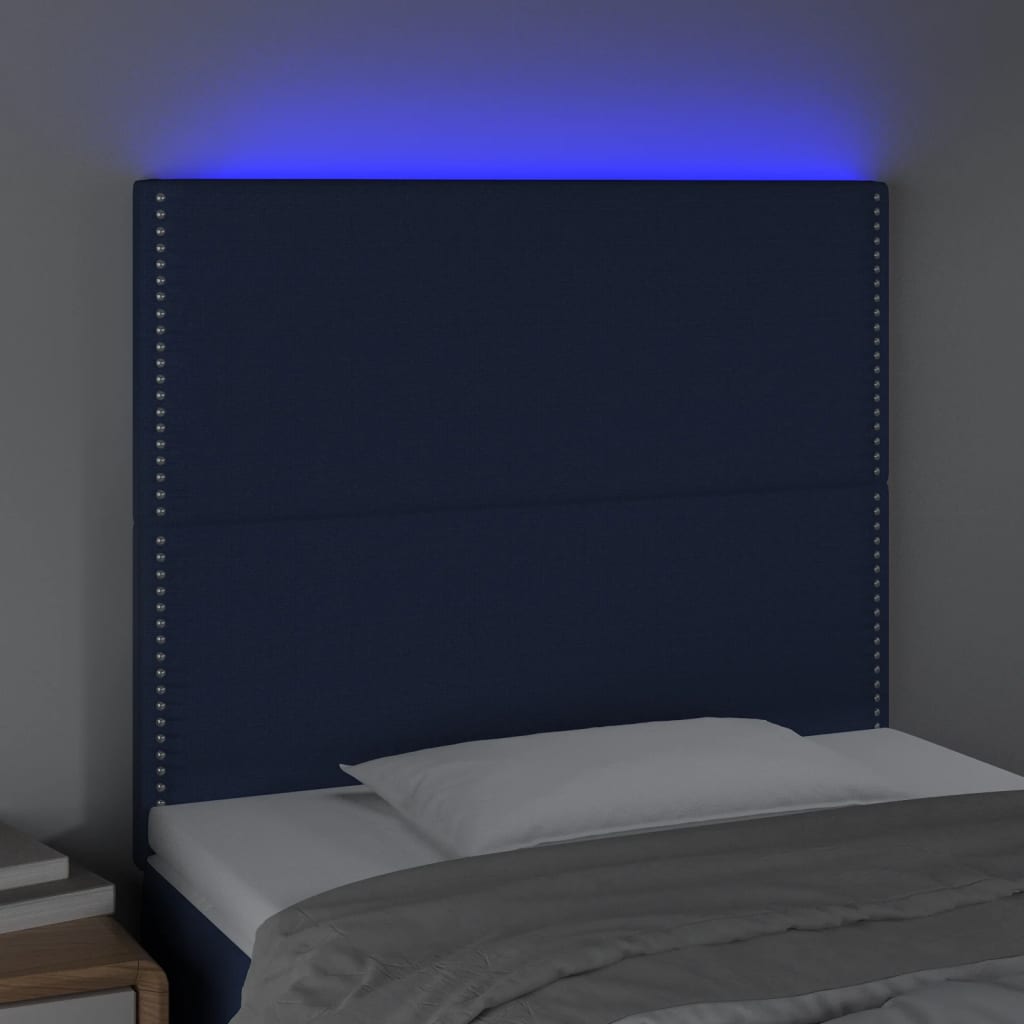 vidaXL Čelo postele s LED modré 100x5x118/128 cm textil