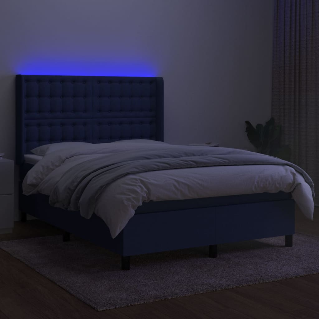 vidaXL Box spring postel s matrací a LED modrá 140x190 cm textil