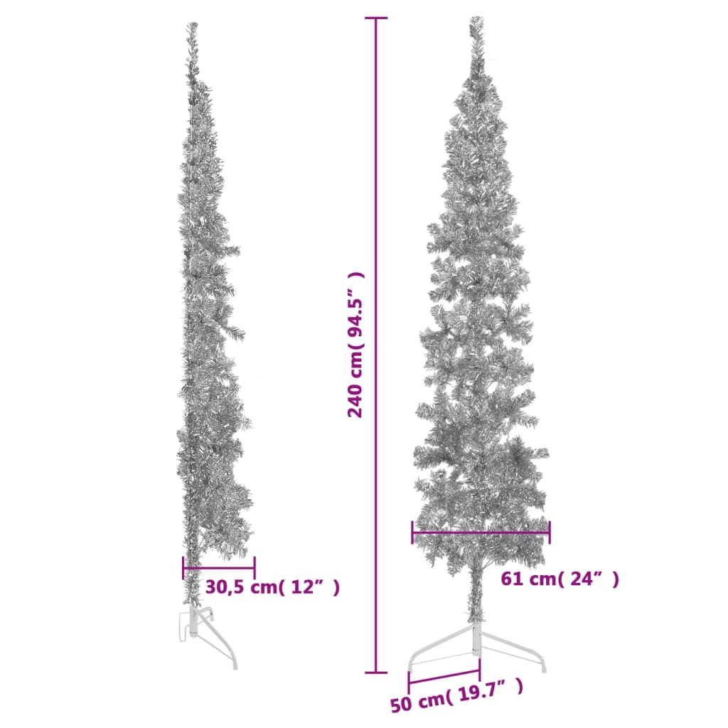 vidaXL Úzký umělý poloviční vánoční stromek se stojanem stříbrný 240cm