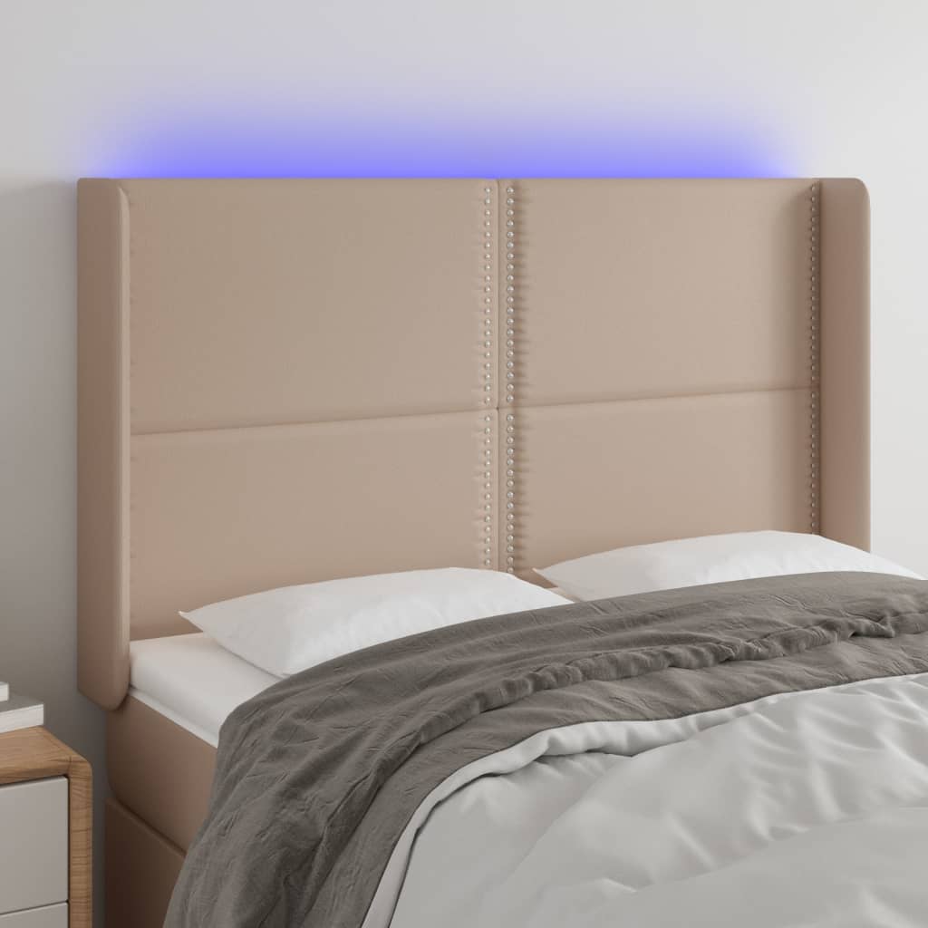 vidaXL Čelo postele s LED cappuccino 147 x 16 x 118/128 cm umělá kůže