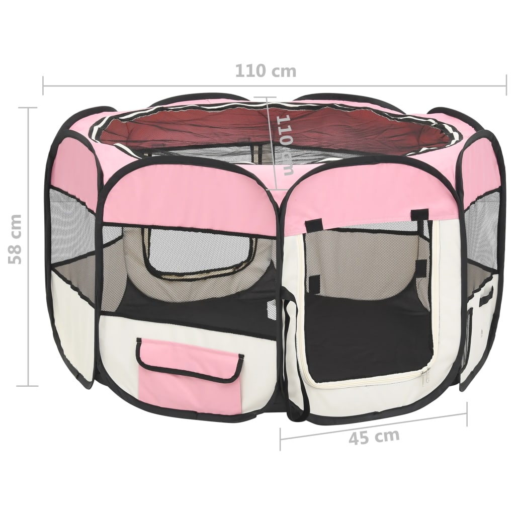 vidaXL Skládací ohrádka pro psy s taškou růžová 110 x 110 x 58 cm