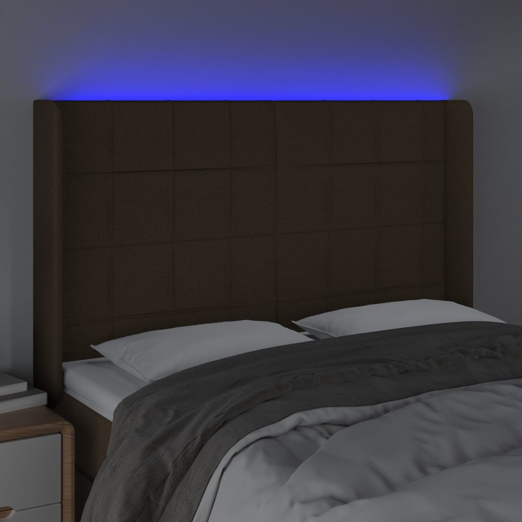vidaXL Čelo postele s LED tmavě hnědé 147 x 16 x 118/128 cm textil
