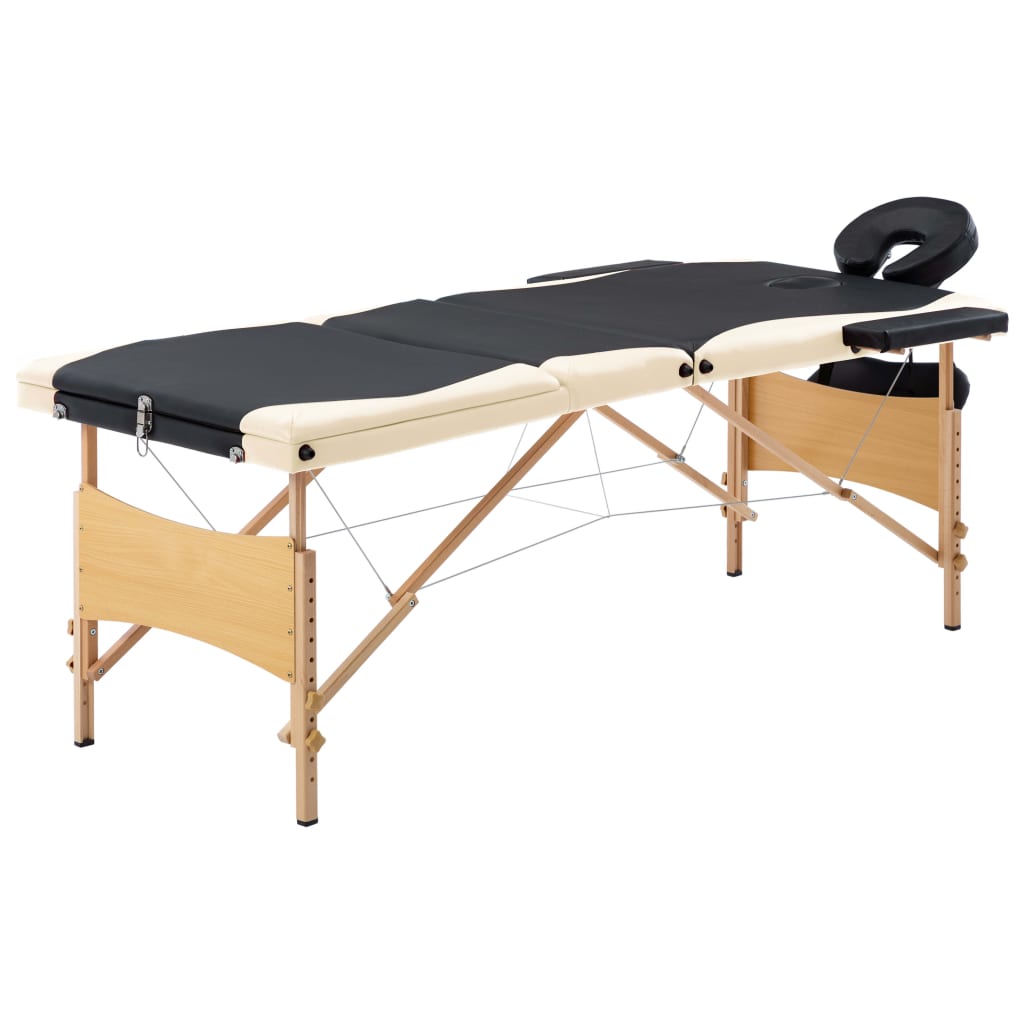 vidaXL Skládací masážní stůl 3 zóny dřevěný černý a béžový