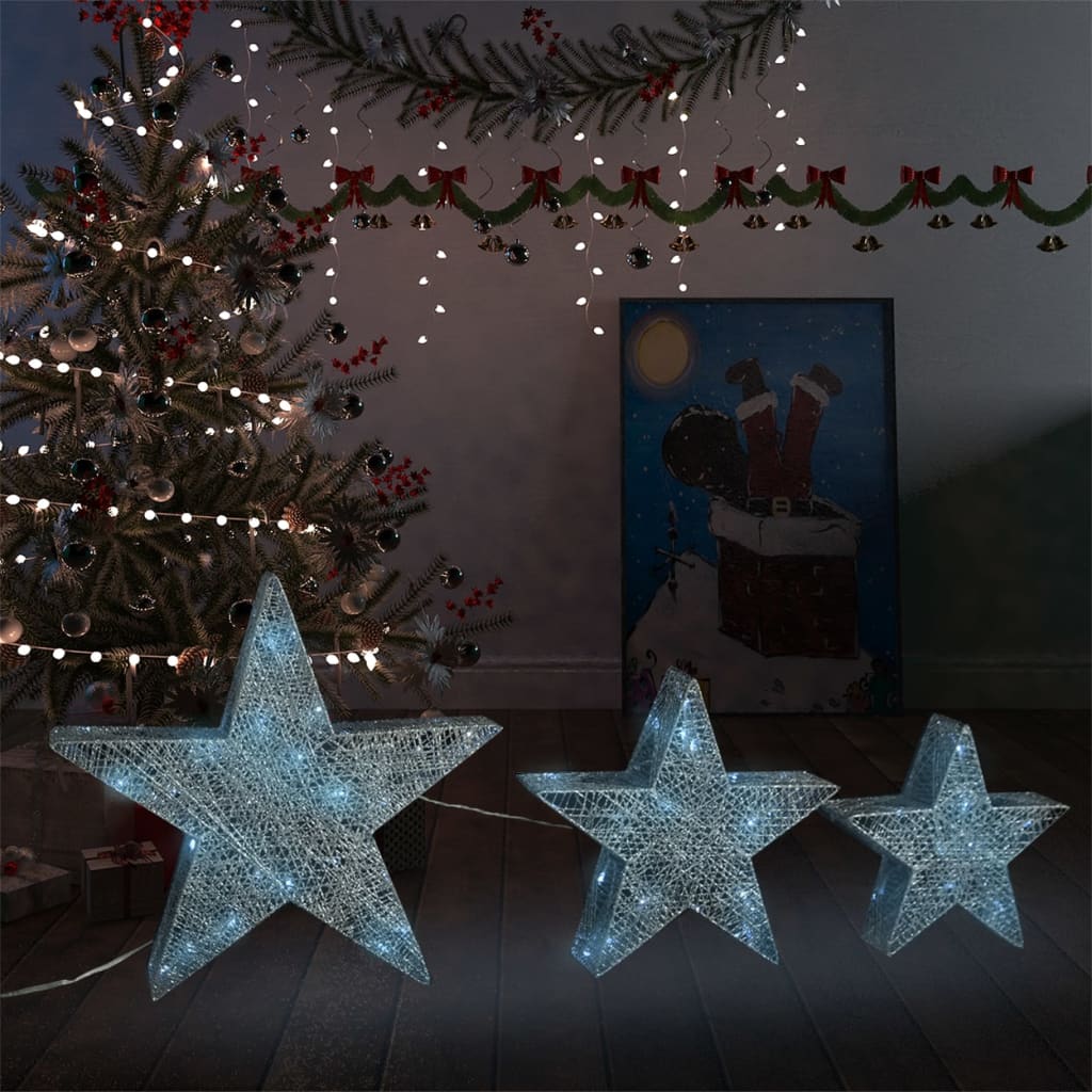 vidaXL Vánoční LED hvězdy 3 ks stříbrná síťovina dovnitř i ven