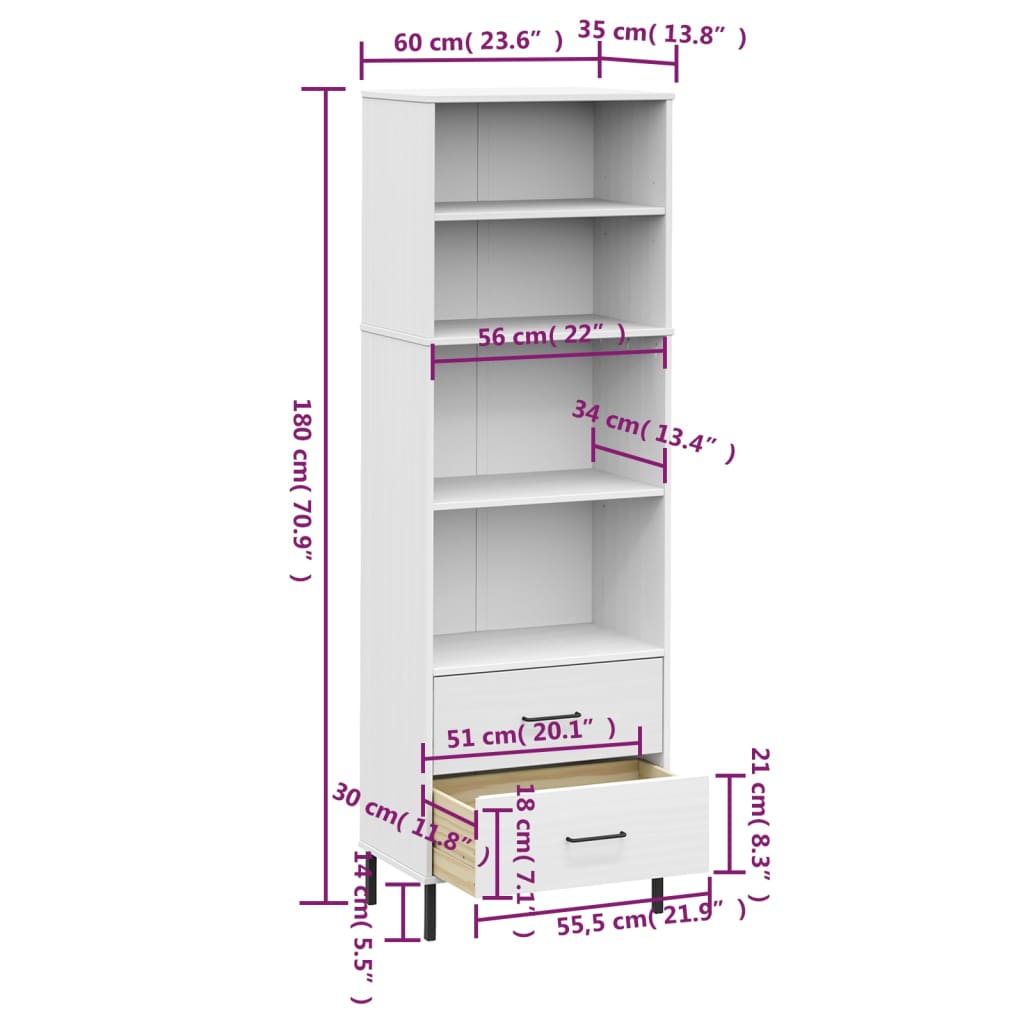 vidaXL Knihovna se 2 zásuvkami bílá 60x35x180 cm masivní dřevo OSLO