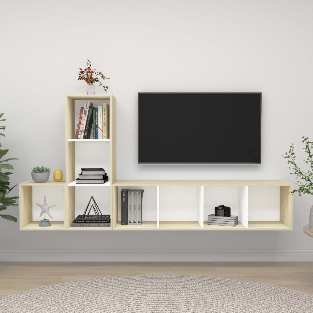 vidaXL 3dílný set TV skříněk bílý a dub sonoma dřevotříska