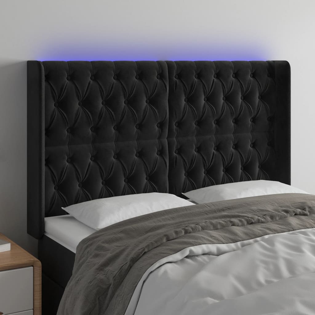 vidaXL Čelo postele s LED černé 163 x 16 x 118/128 cm samet