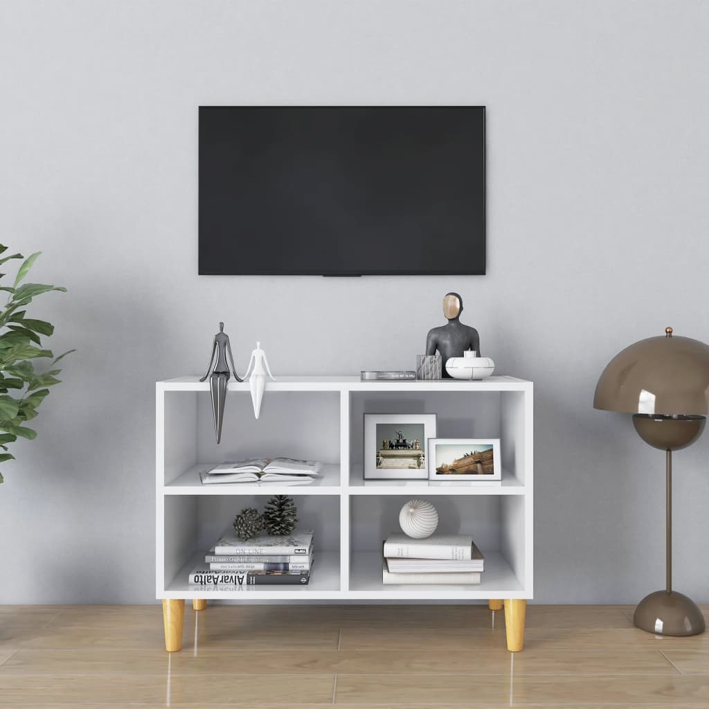 vidaXL TV stolek nohy z masivního dřeva bílý vysoký lesk 69,5x30x50 cm