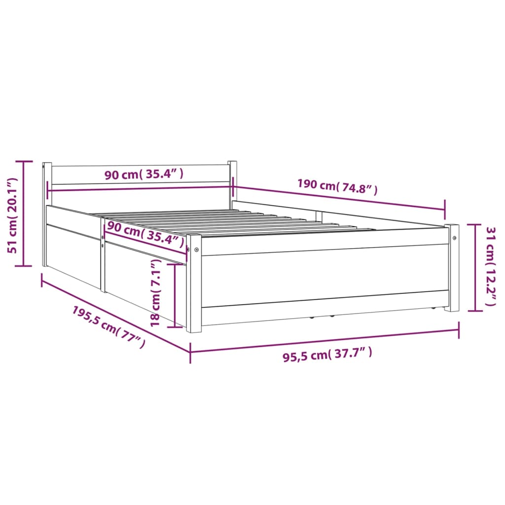 vidaXL Rám postele se zásuvkami 90 x 190 cm Single