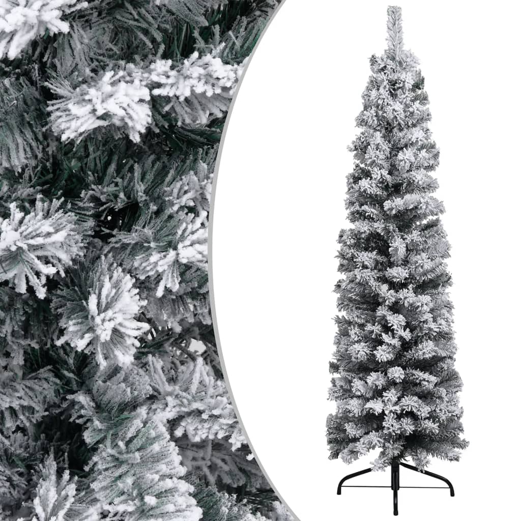 vidaXL Úzký vánoční stromek s LED zasněžený zelený 120 cm PVC