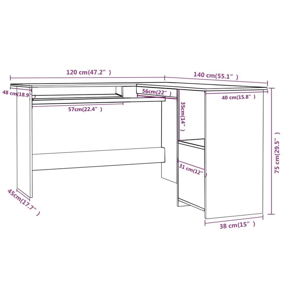 vidaXL Rohový psací stůl černý vysoký lesk 120x140x75 cm dřevotříska