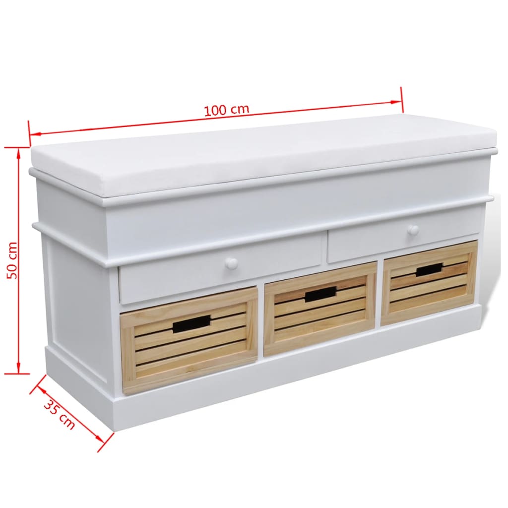 Bílá skladovací lavice s polštářem 2 zásuvky 3 krabice