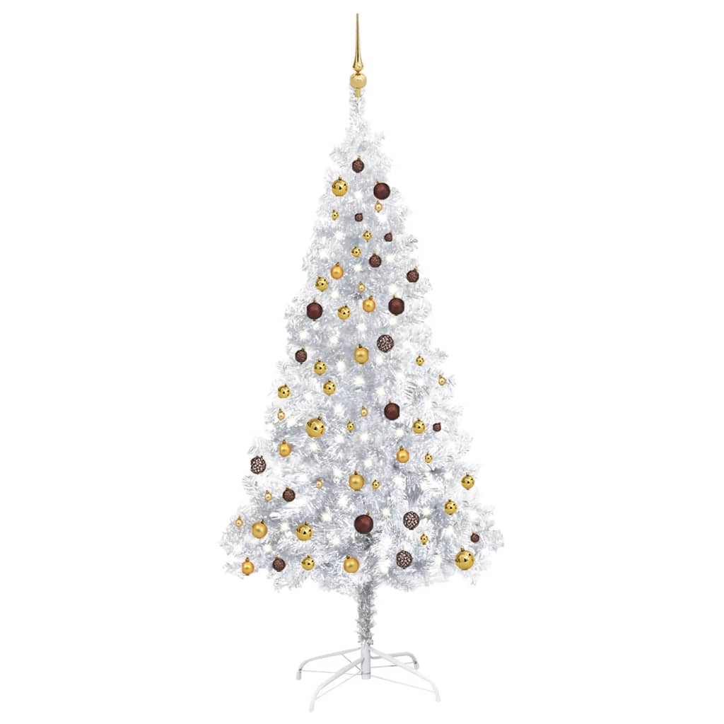 vidaXL Umělý vánoční stromek s LED a sadou koulí stříbrný 210 cm PET