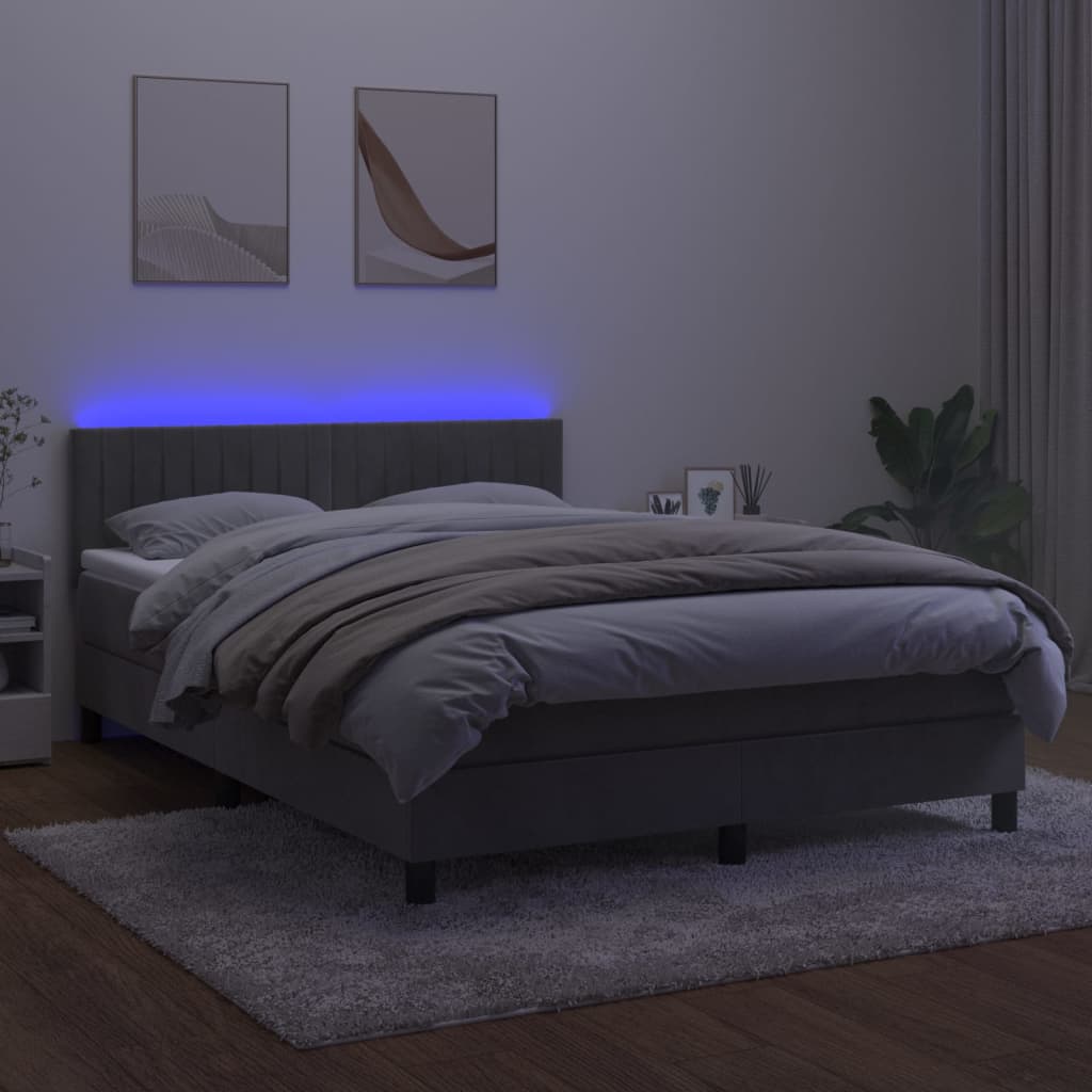 vidaXL Box spring postel s matrací a LED světle šedá 140x200 cm samet