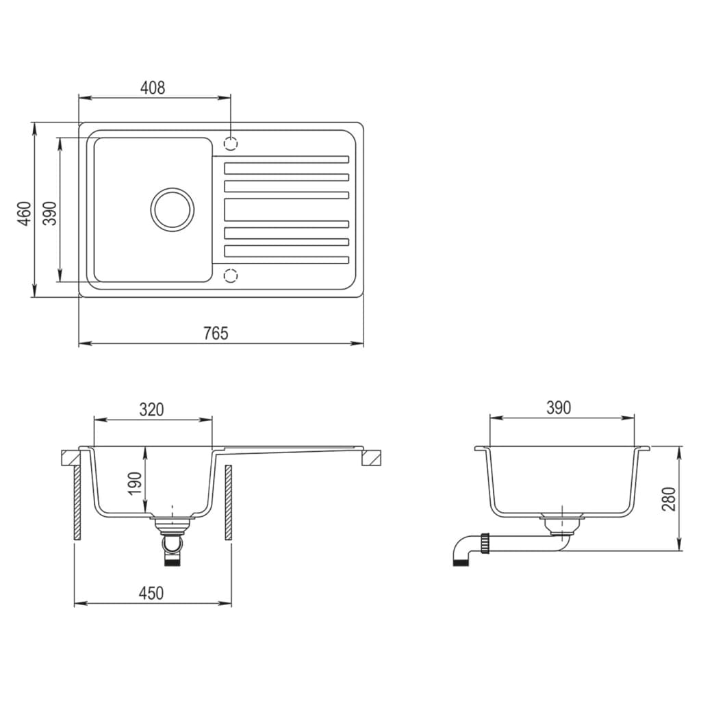 Žulový kuchyňský dřez single s odkapávačem reverzibilní šedý