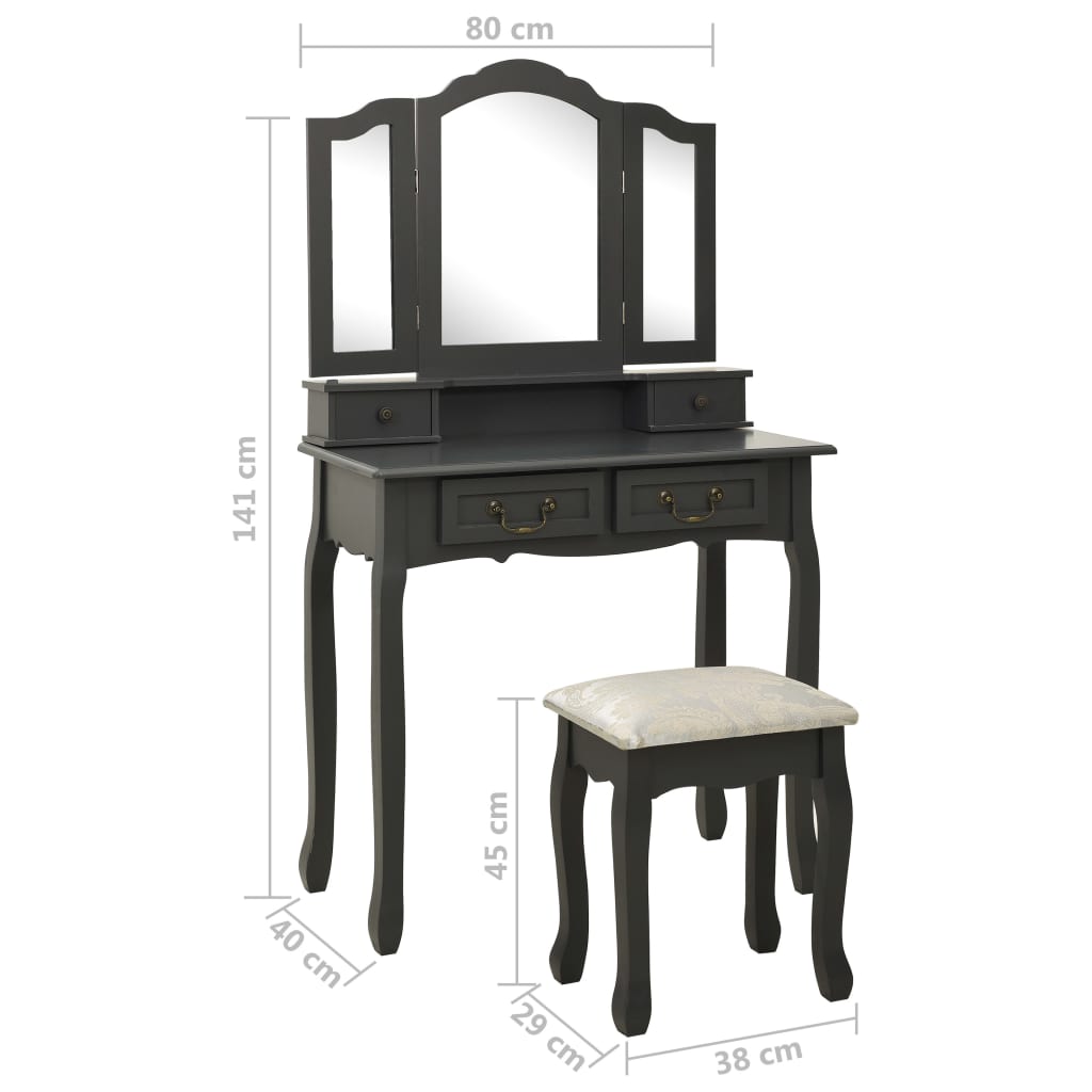 vidaXL Toaletní stolek se stoličkou šedý 80 x 69 x 141 cm pavlovnia