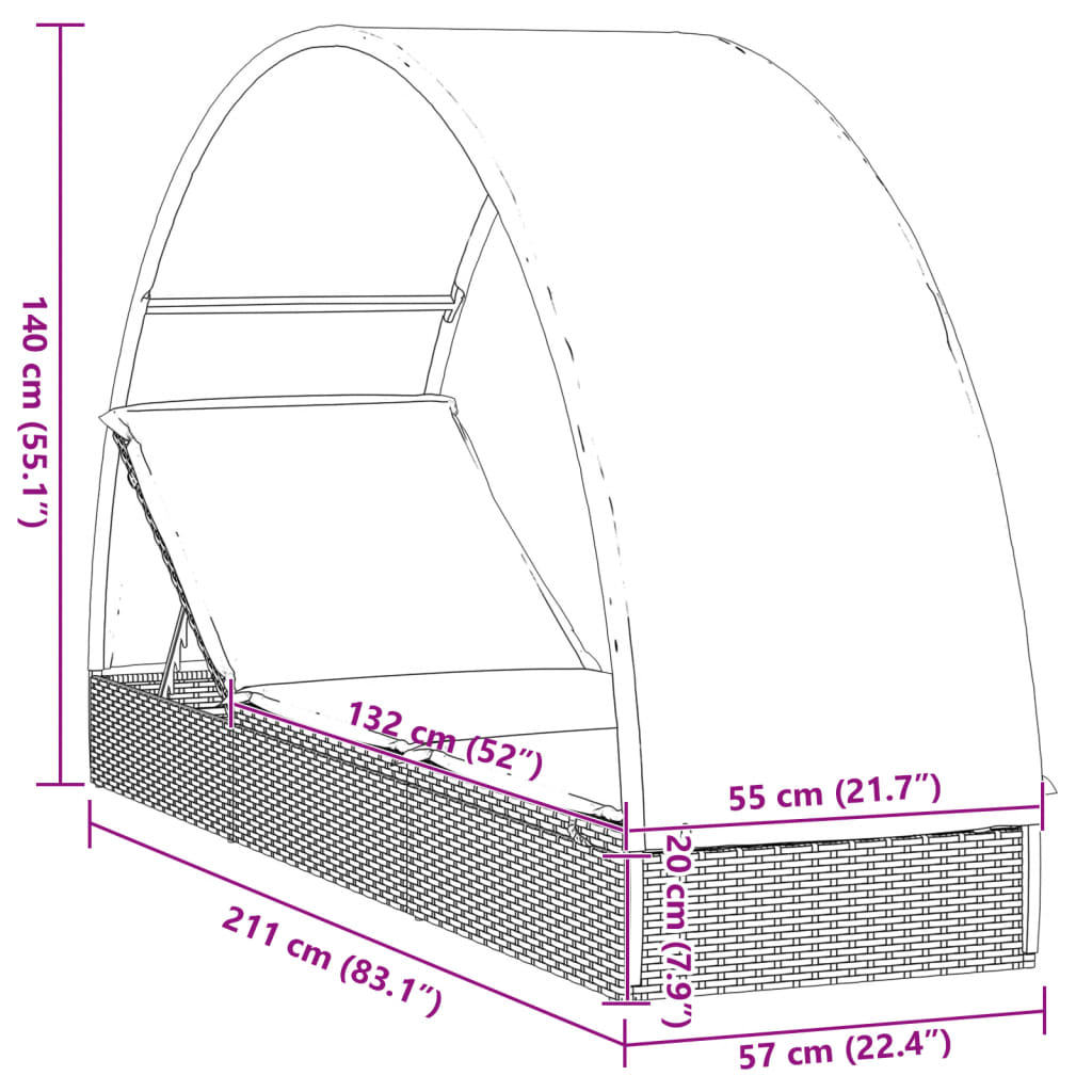 vidaXL Lehátko s kulatou střechou hnědé 211 x 57 x 140 cm polyratan